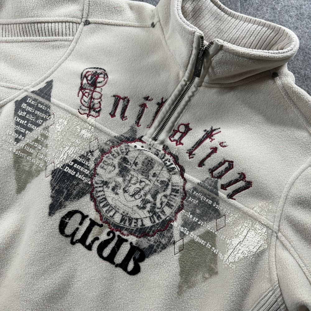 Vtg‎ Point Zero 1/4 Zip Fleece Pullover Mens M Cream Initiation Club Graphic Y2K